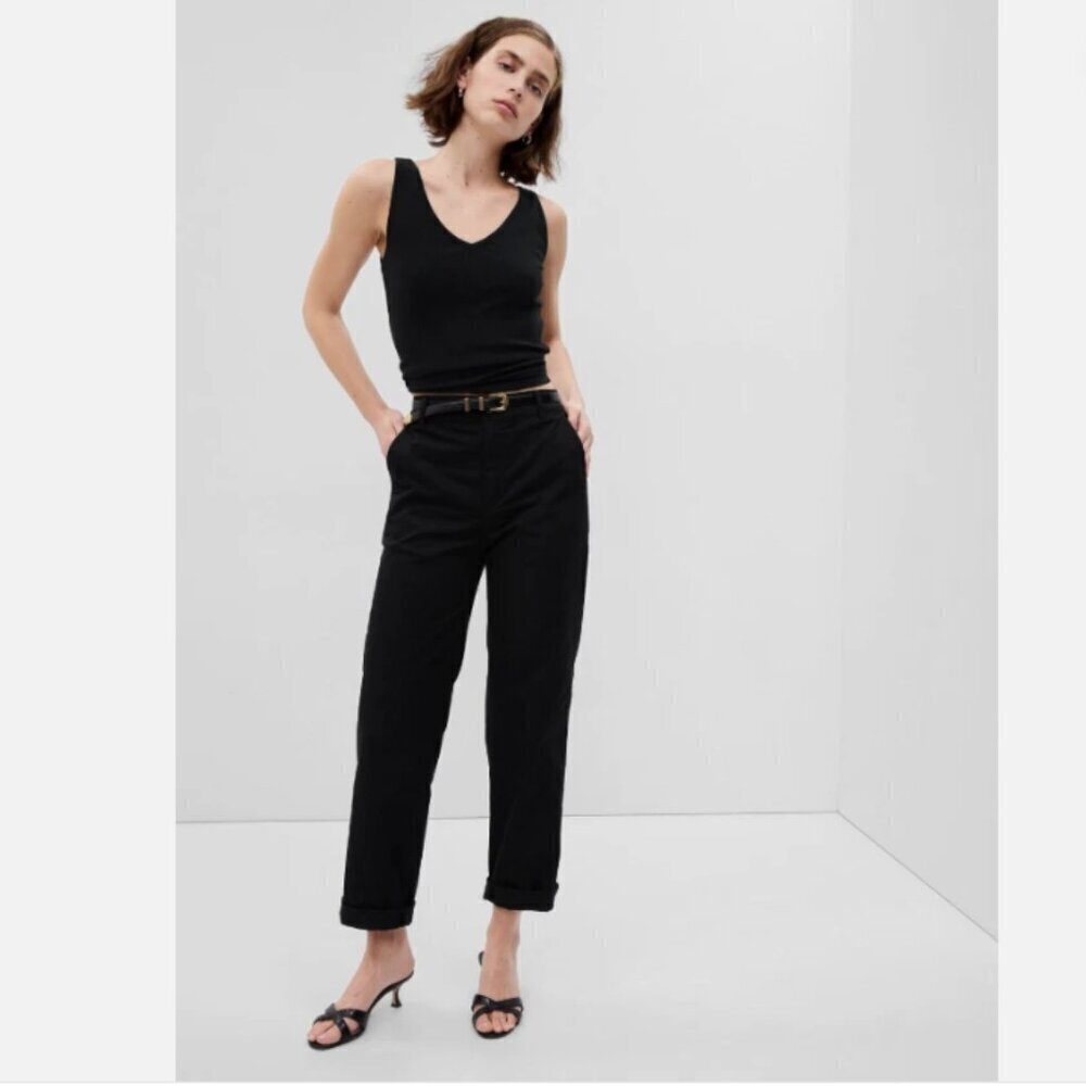 GAP High Rise Girlfriend Khakis Black Stretch Twill Pants Size 8 PETITE RT$60